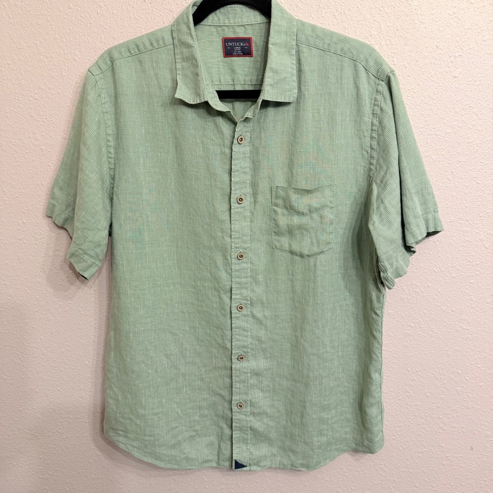 UNTUCKit Brancott Slim Fit Linen Shirt Mens Large Green Stripe Short Sleeve